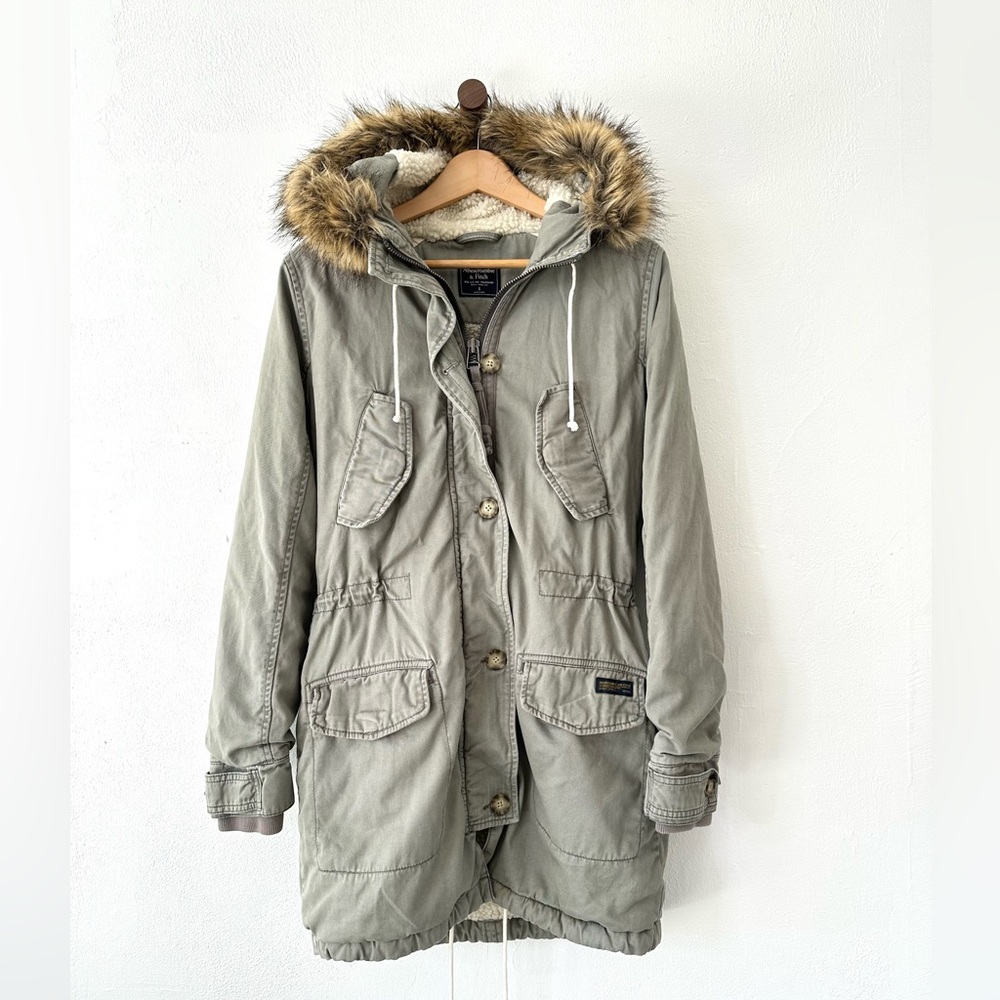 Abercrombie‎ & Fitch Olive Utility Jacket with Fur Trimmed Hood